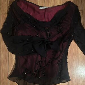 Scala Black Sheer Beaded Overlay Top with Burgundy Lining
